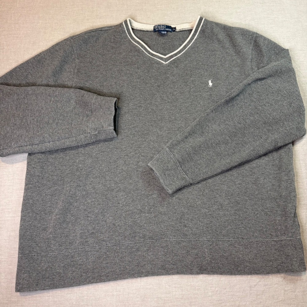 Polo Ralph Lauren V-Neck Sweatshirt Mens XL Gray Excellent Cotton Pony Logo
